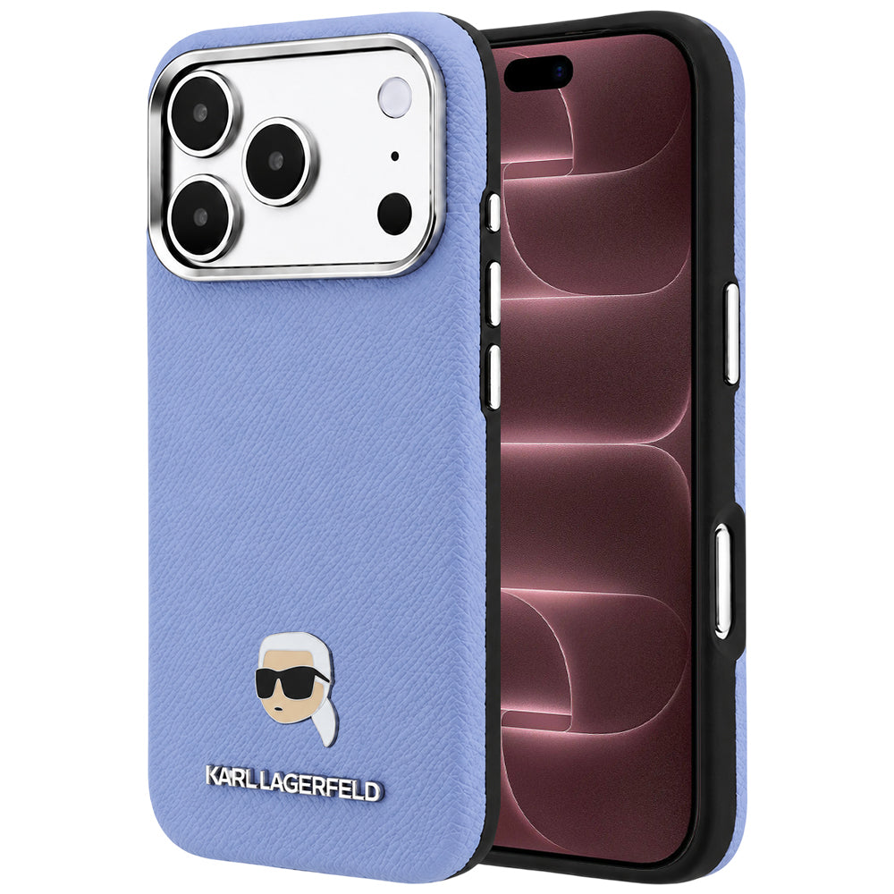 MagSafe-Hülle für Apple iPhone 18 Pro Max / 17 Pro Max, Karl Lagerfeld, genarbtes Karl Head's Metal, Blau