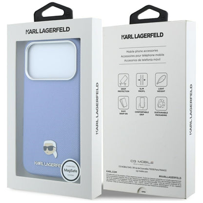 MagSafe-Hülle für Apple iPhone 18 Pro Max / 17 Pro Max, Karl Lagerfeld, genarbtes Karl Head's Metal, Blau