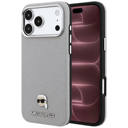 MagSafe-Hülle für Apple iPhone 18 Pro Max / 17 Pro Max, Karl Lagerfeld, genarbtes Karl Head's Metal, Grau