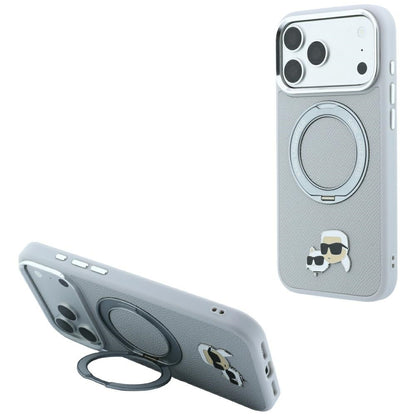 MagSafe-Hülle für Apple iPhone 18 Pro Max / 17 Pro Max, Karl Lagerfeld, Ring Stand 360 Karl & Choupette Pin, Grau