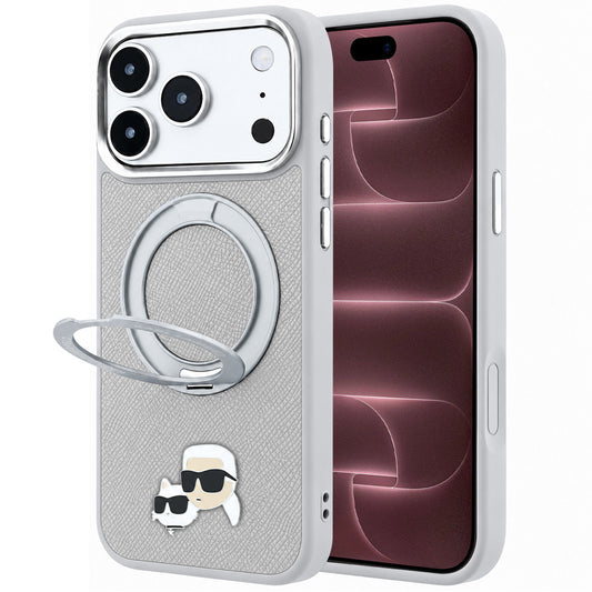 MagSafe-Hülle für Apple iPhone 18 Pro Max / 17 Pro Max, Karl Lagerfeld, Ring Stand 360 Karl & Choupette Pin, Grau
