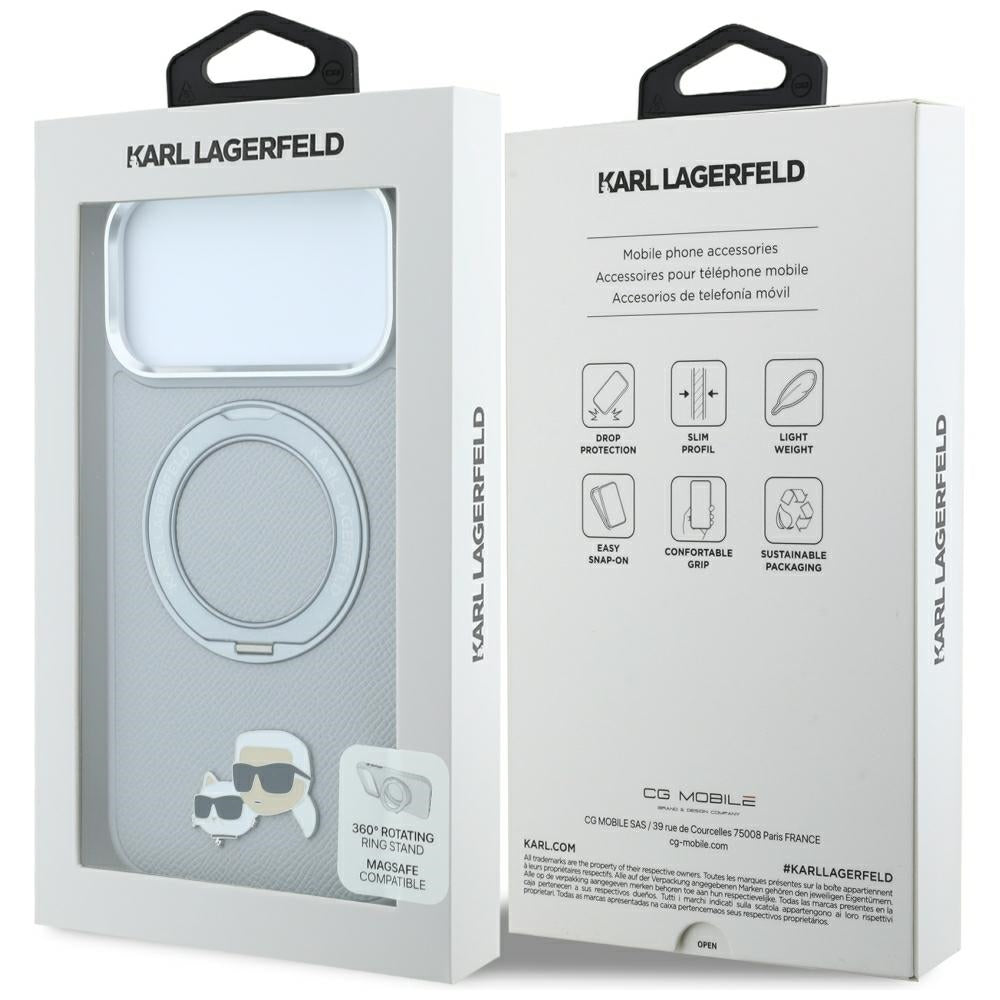 MagSafe-Hülle für Apple iPhone 18 Pro Max / 17 Pro Max, Karl Lagerfeld, Ring Stand 360 Karl & Choupette Pin, Grau