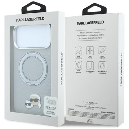 MagSafe-Hülle für Apple iPhone 18 Pro Max / 17 Pro Max, Karl Lagerfeld, Ring Stand 360 Karl & Choupette Pin, Grau