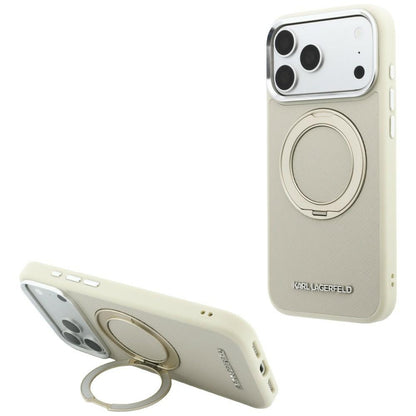 MagSafe Case for Apple iPhone 18 Pro Max / 17 Pro Max, Karl Lagerfeld, Ring Stand 360 Saffiano, Beige