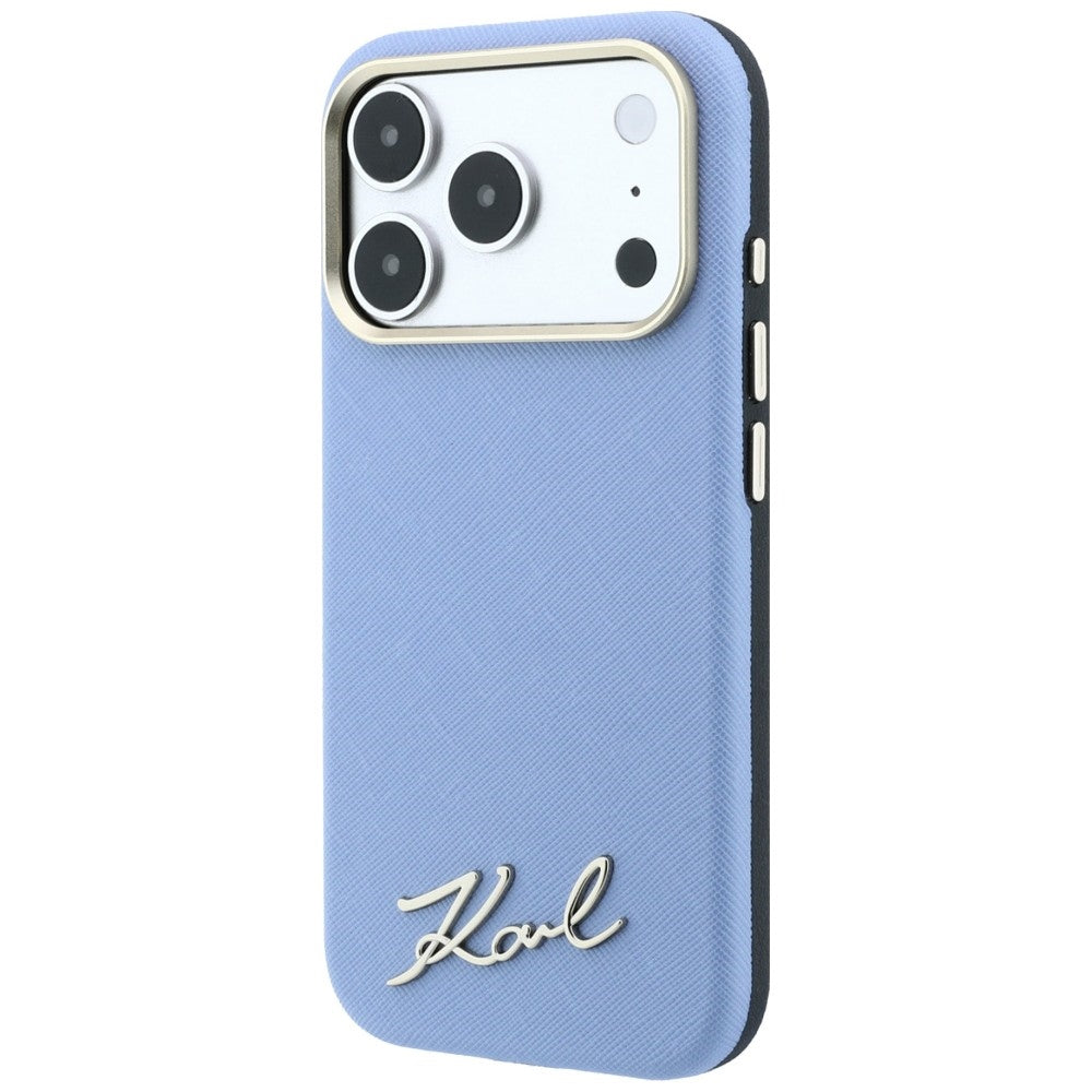 MagSafe-Hülle für Apple iPhone 18 Pro Max / 17 Pro Max, Karl Lagerfeld, Saffiano Small Script Metall-Logo, Blau