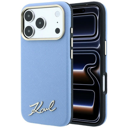 MagSafe-Hülle für Apple iPhone 18 Pro Max / 17 Pro Max, Karl Lagerfeld, Saffiano Small Script Metall-Logo, Blau