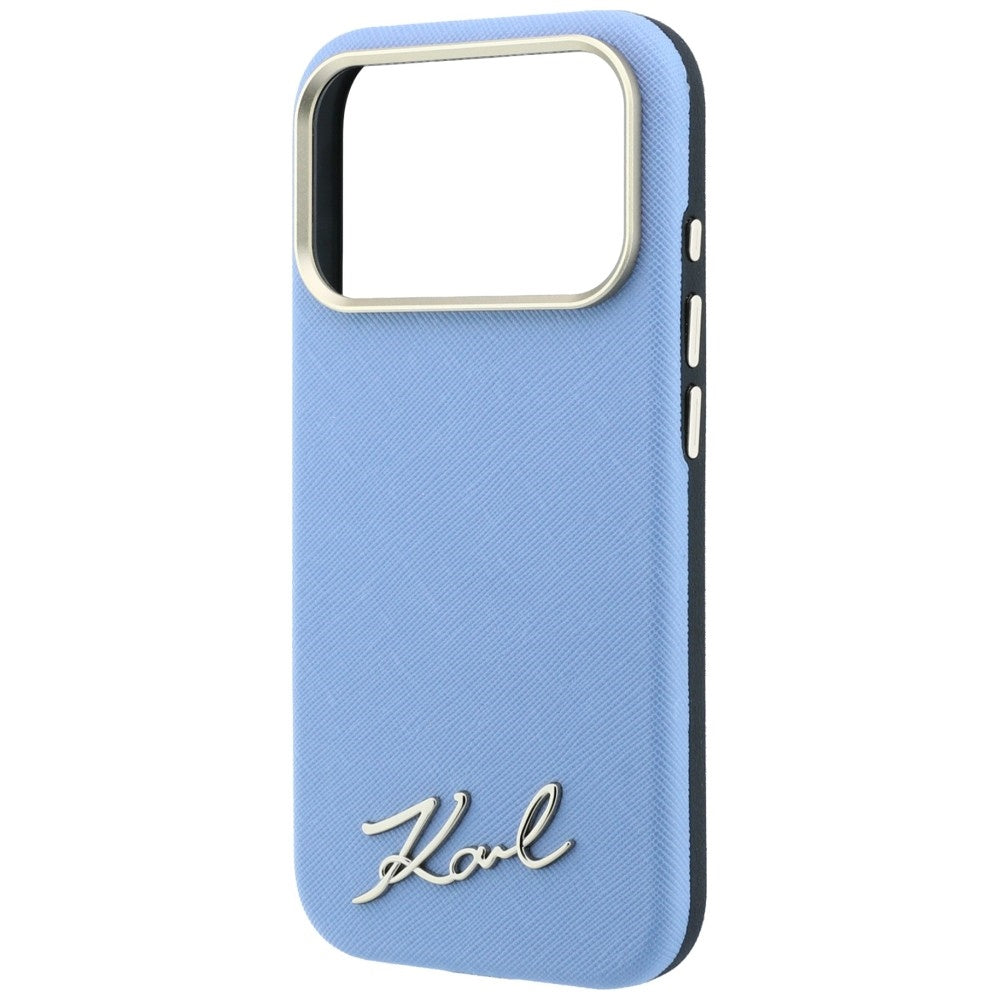 MagSafe-Hülle für Apple iPhone 18 Pro Max / 17 Pro Max, Karl Lagerfeld, Saffiano Small Script Metall-Logo, Blau