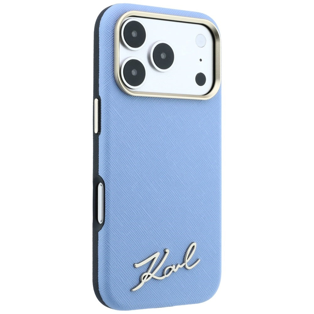 MagSafe-Hülle für Apple iPhone 18 Pro Max / 17 Pro Max, Karl Lagerfeld, Saffiano Small Script Metall-Logo, Blau