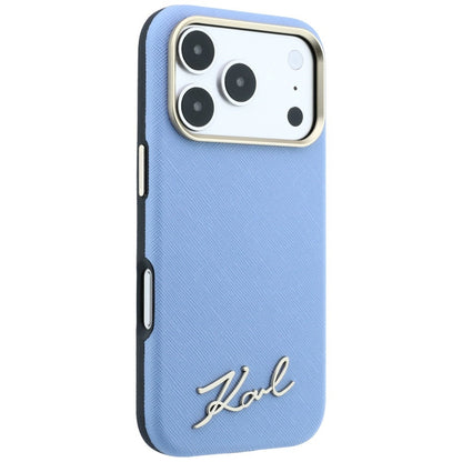 MagSafe-Hülle für Apple iPhone 18 Pro Max / 17 Pro Max, Karl Lagerfeld, Saffiano Small Script Metall-Logo, Blau