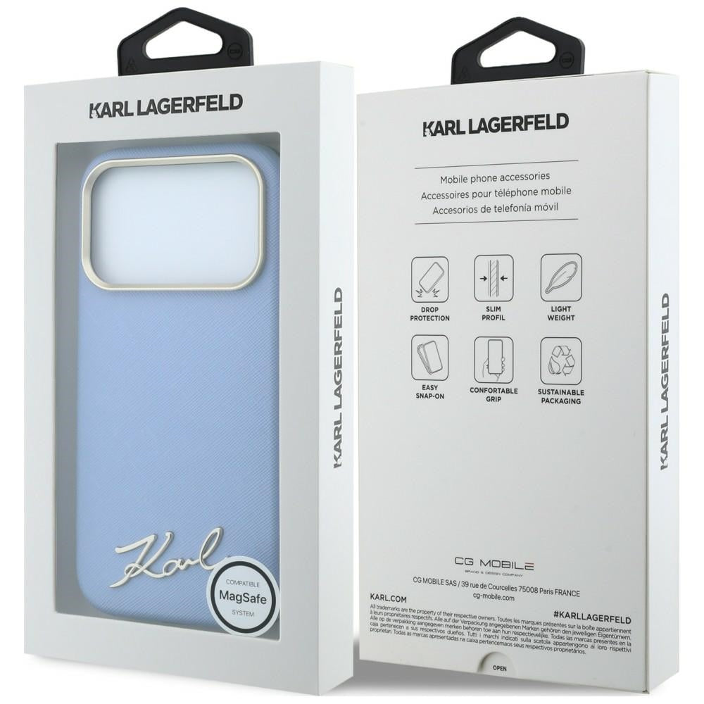 MagSafe-Hülle für Apple iPhone 18 Pro Max / 17 Pro Max, Karl Lagerfeld, Saffiano Small Script Metall-Logo, Blau