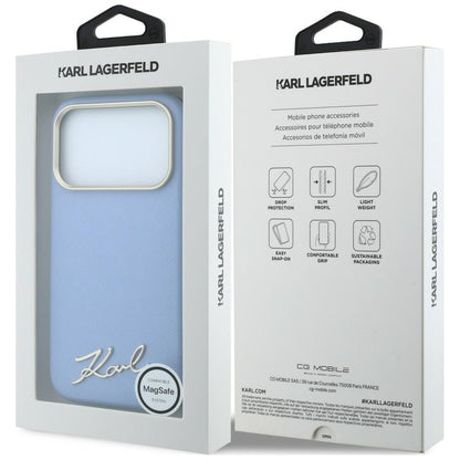 MagSafe-Hülle für Apple iPhone 18 Pro Max / 17 Pro Max, Karl Lagerfeld, Saffiano Small Script Metall-Logo, Blau