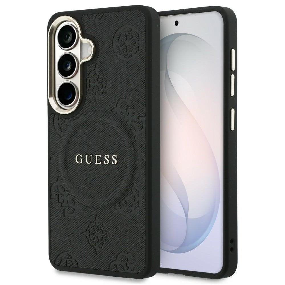 MagSafe Hülle für Samsung Galaxy S26 S942, Guess, Saffiano Peony Embossed Ring, Schwarz