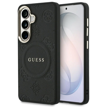 MagSafe Hülle für Samsung Galaxy S26 S942, Guess, Saffiano Peony Embossed Ring, Schwarz