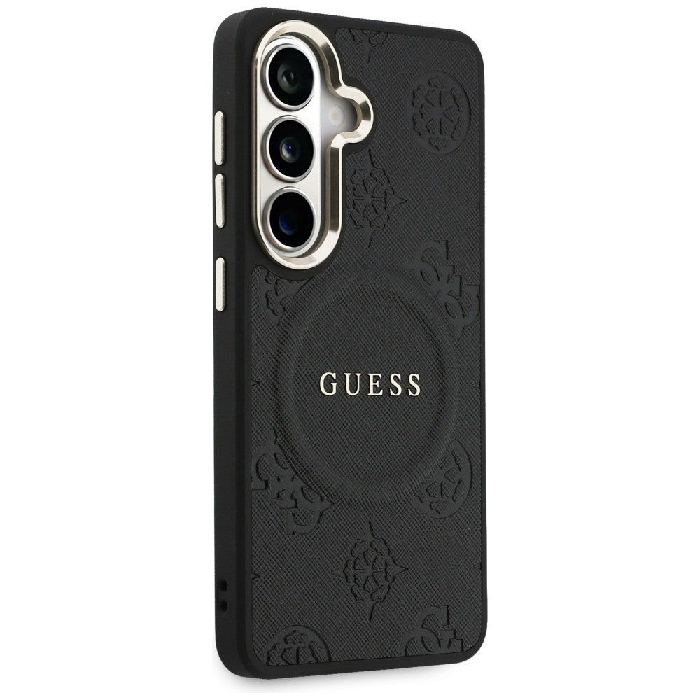 MagSafe Hülle für Samsung Galaxy S26 S942, Guess, Saffiano Peony Embossed Ring, Schwarz