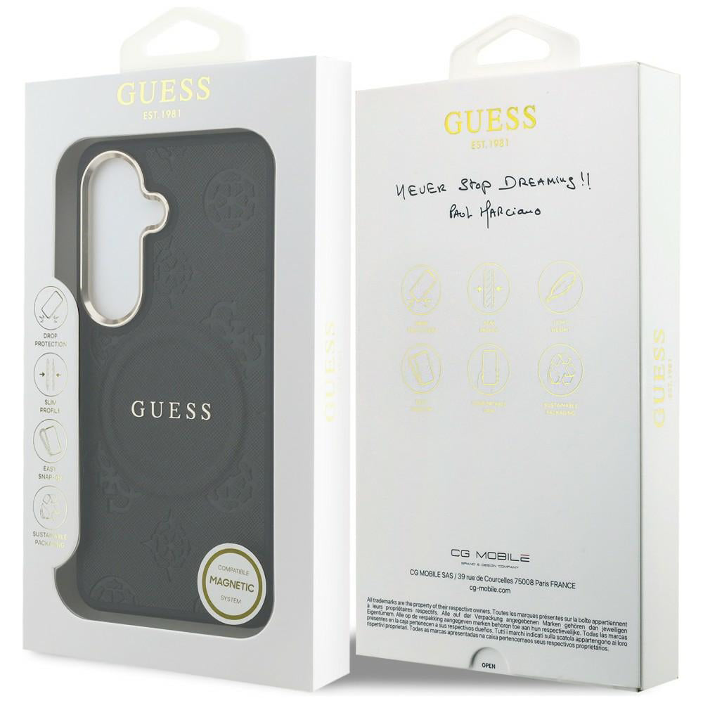 MagSafe Hülle für Samsung Galaxy S26 S942, Guess, Saffiano Peony Embossed Ring, Schwarz
