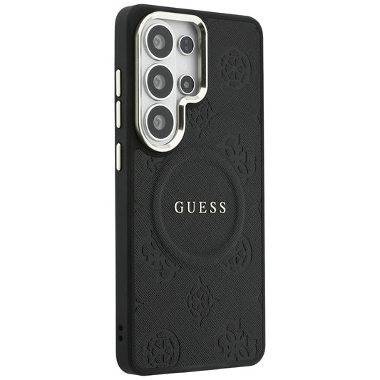 MagSafe Hülle für Samsung Galaxy S26 Ultra S948, GUESS, Saffiano Peony Embossed Ring, Schwarz