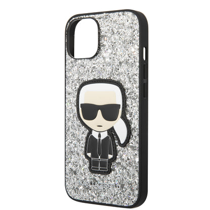 Hülle für Apple iPhone 14, Karl Lagerfeld, Glitter Flakes Ikonik Karl, Silbern