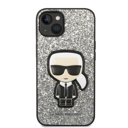 Hülle für Apple iPhone 14, Karl Lagerfeld, Glitter Flakes Ikonik Karl, Silbern