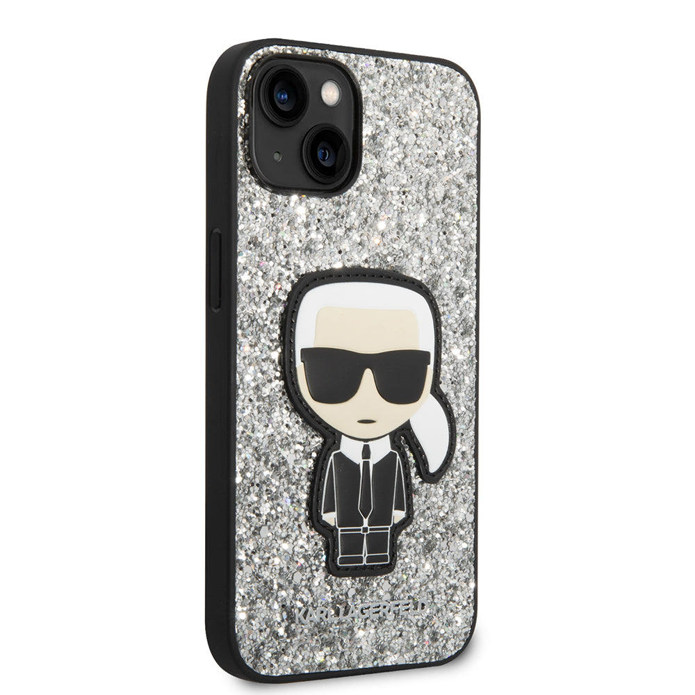 Hülle für Apple iPhone 14, Karl Lagerfeld, Glitter Flakes Ikonik Karl, Silbern
