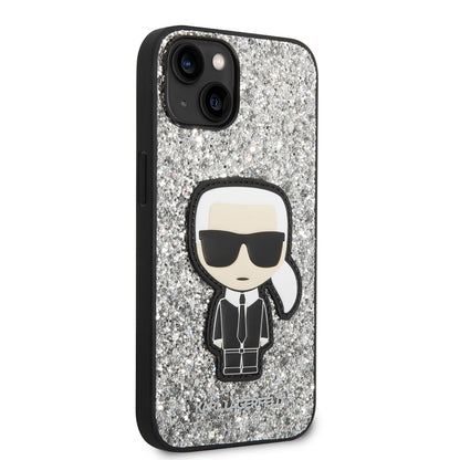 Hülle für Apple iPhone 14, Karl Lagerfeld, Glitter Flakes Ikonik Karl, Silbern