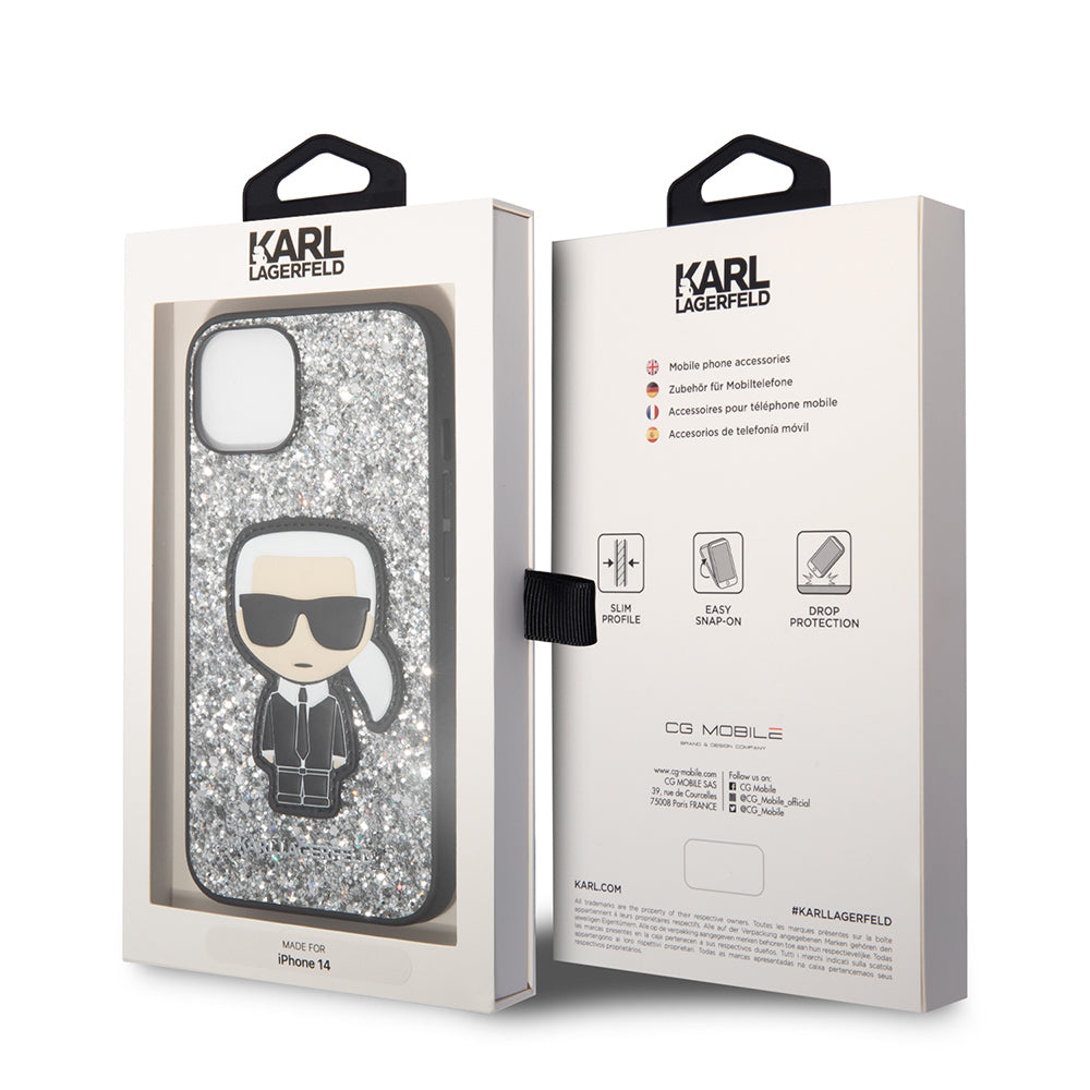 Hülle für Apple iPhone 14, Karl Lagerfeld, Glitter Flakes Ikonik Karl, Silbern
