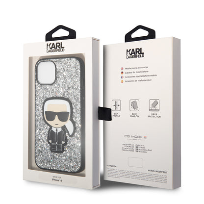 Hülle für Apple iPhone 14, Karl Lagerfeld, Glitter Flakes Ikonik Karl, Silbern