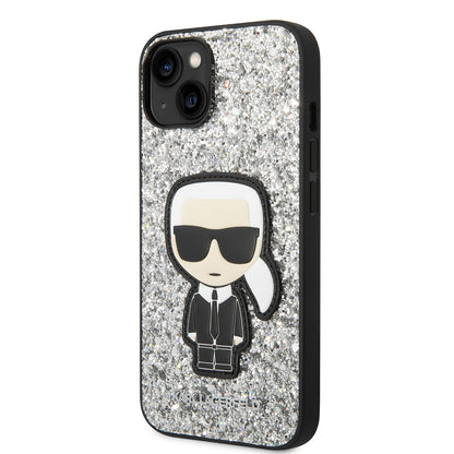 Hülle für Apple iPhone 14, Karl Lagerfeld, Glitter Flakes Ikonik Karl, Silbern