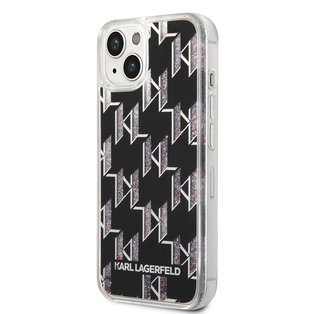 Hülle für Apple iPhone 14, Karl Lagerfeld, Liquid Glitter Monogram, Schwarz