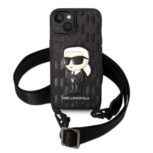 Hülle für Apple iPhone 14, Karl Lagerfeld, Monogram Ikonik Karl, Schwarz