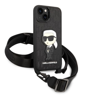 Hülle für Apple iPhone 14, Karl Lagerfeld, Monogram Ikonik Karl, Schwarz