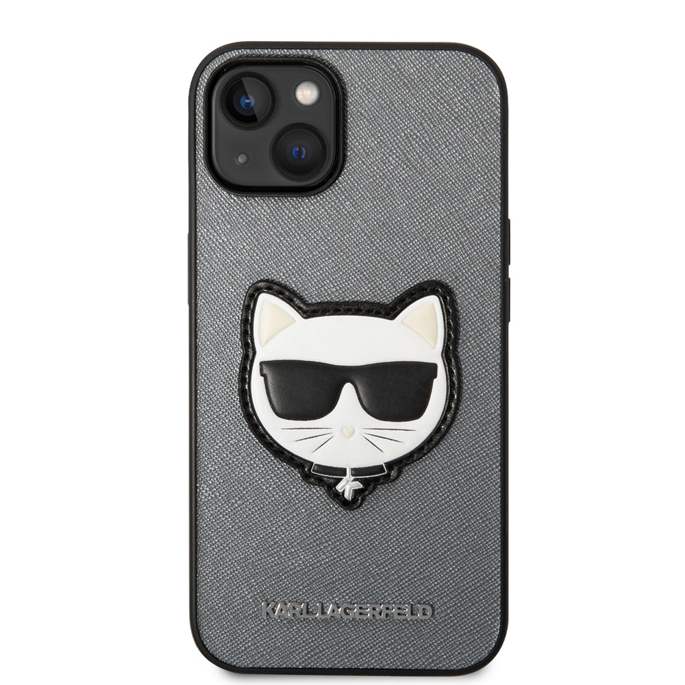 Hülle für Apple iPhone 14, Karl Lagerfeld, Saffiano Choupette's Head, Silbern