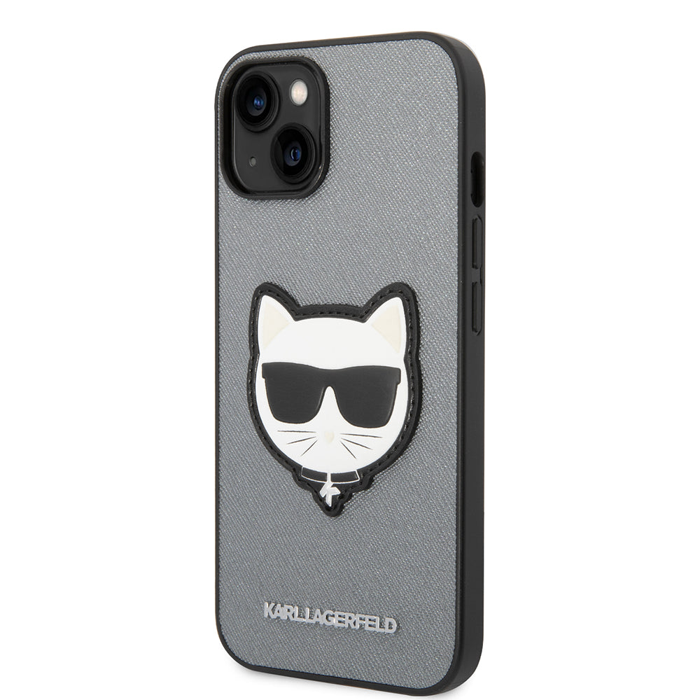 Hülle für Apple iPhone 14, Karl Lagerfeld, Saffiano Choupette's Head, Silbern