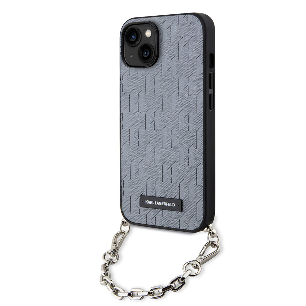 Hülle für Apple iPhone 14, Karl Lagerfeld, Saffiano Monogram Chain, Silbern
