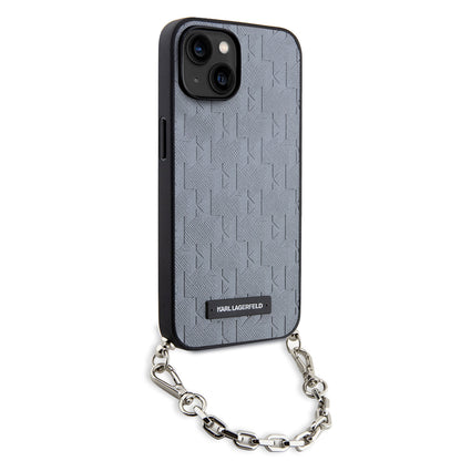 Hülle für Apple iPhone 14, Karl Lagerfeld, Saffiano Monogram Chain, Silbern