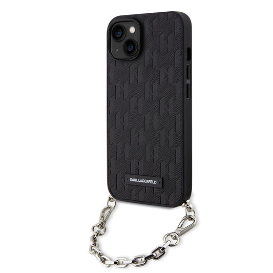 Hülle für Apple iPhone 14, Karl Lagerfeld, Saffiano Monogram Chain, Schwarz