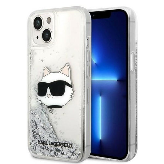 Hülle für Apple iPhone 14 Plus, Karl Lagerfeld, Glitter Choupette's Head, Silbern