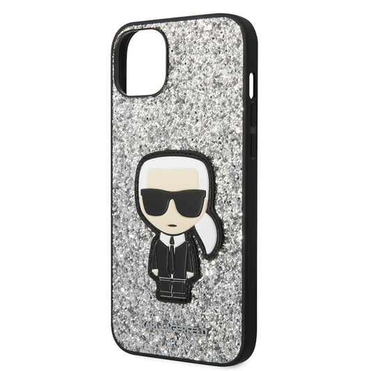 Hülle für Apple iPhone 14 Plus, Karl Lagerfeld, Glitter Flakes Ikonik Karl, Silbern