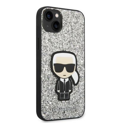 Hülle für Apple iPhone 14 Plus, Karl Lagerfeld, Glitter Flakes Ikonik Karl, Silbern