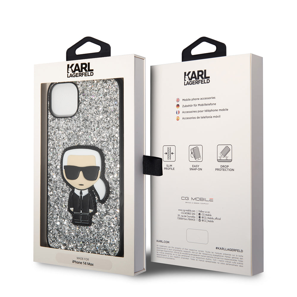Hülle für Apple iPhone 14 Plus, Karl Lagerfeld, Glitter Flakes Ikonik Karl, Silbern