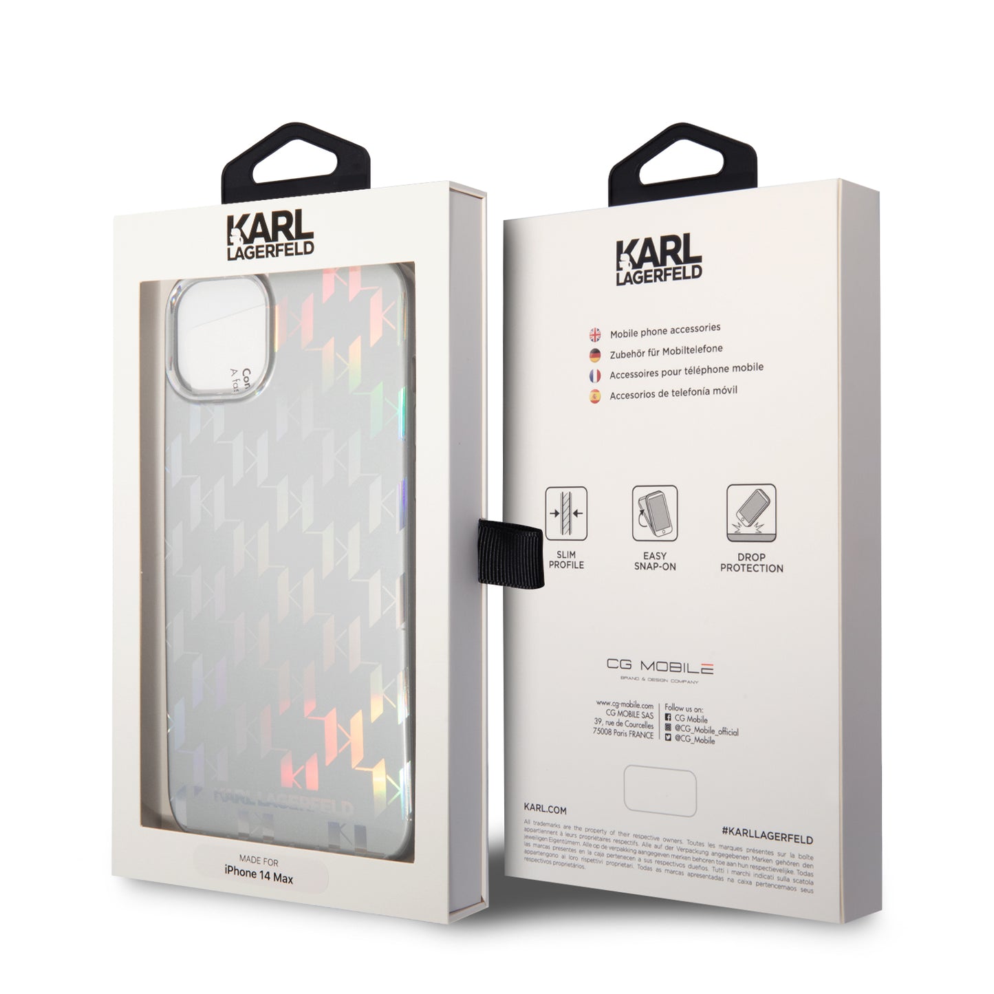 Hülle für Apple iPhone 14 Plus, Karl Lagerfeld, Monogram Iridescent, Silbern