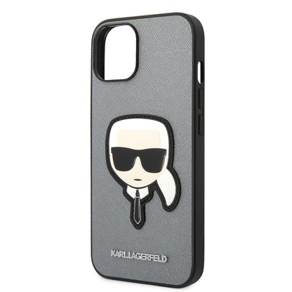 Hülle für Apple iPhone 14 Plus, Karl Lagerfeld, Saffiano Karl's Head, Silbern