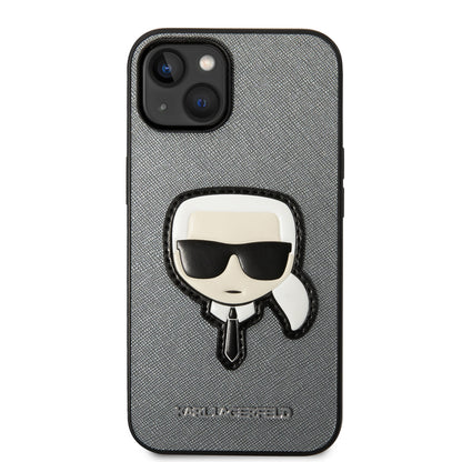 Hülle für Apple iPhone 14 Plus, Karl Lagerfeld, Saffiano Karl's Head, Silbern
