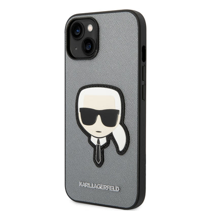 Hülle für Apple iPhone 14 Plus, Karl Lagerfeld, Saffiano Karl's Head, Silbern