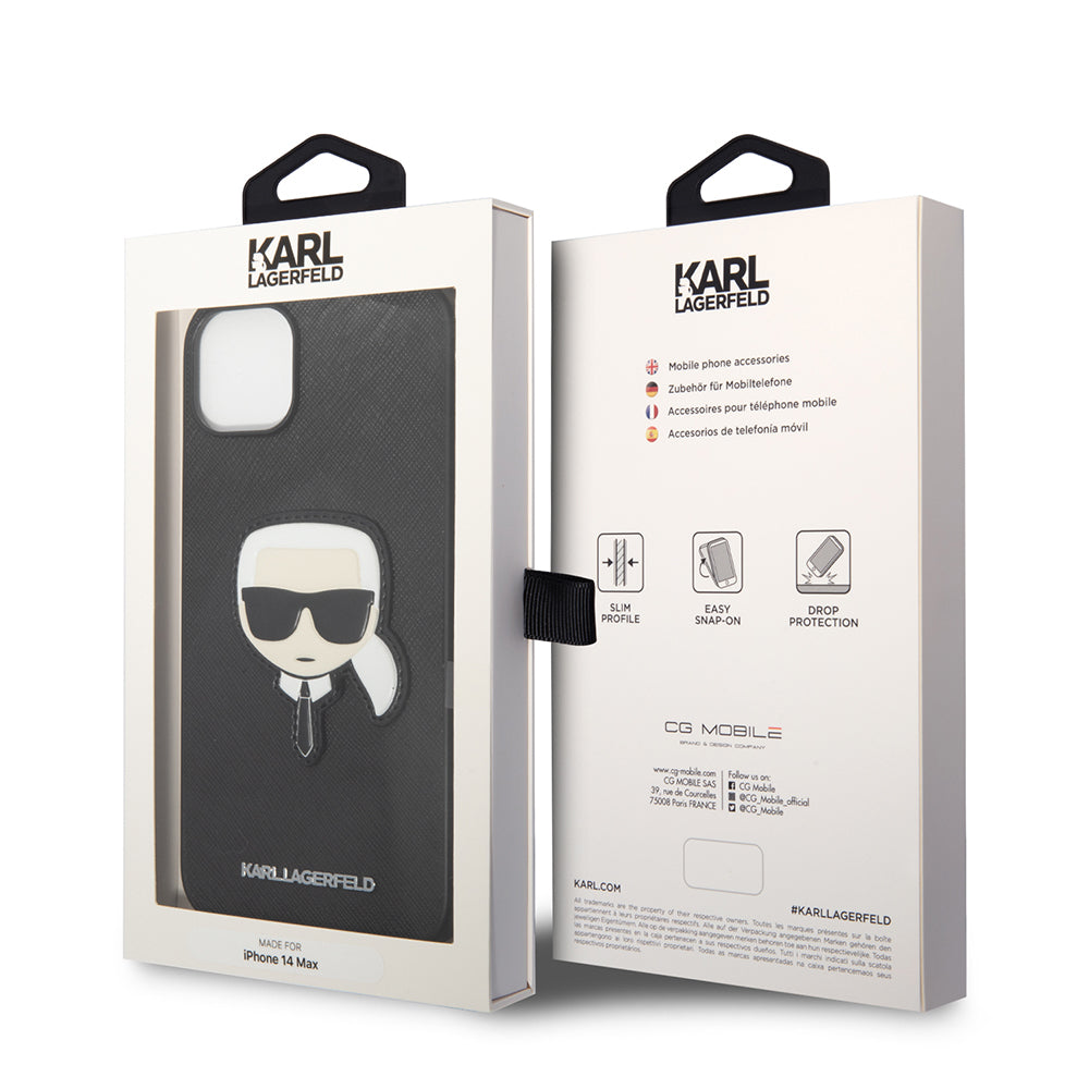 Hülle für Apple iPhone 14 Plus, Karl Lagerfeld, Saffiano Karl's Head, Schwarz