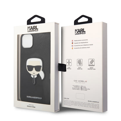 Hülle für Apple iPhone 14 Plus, Karl Lagerfeld, Saffiano Karl's Head, Schwarz