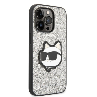 Hülle für Apple iPhone 14 Pro, Karl Lagerfeld, Glitter Choupette Patch, Silbern