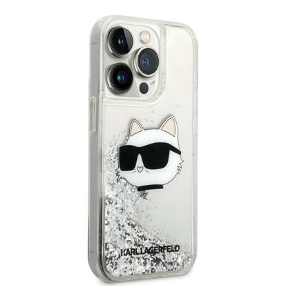 Hülle für Apple iPhone 14 Pro, Karl Lagerfeld, Glitter Choupette's Head, Silbern