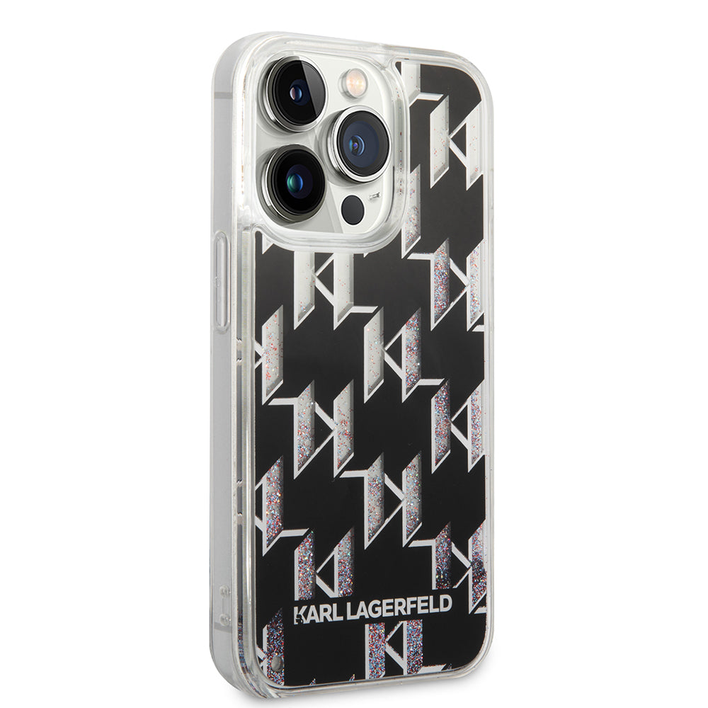 Hülle für Apple iPhone 14 Pro, Karl Lagerfeld, Liquid Glitter Monogram, Schwarz