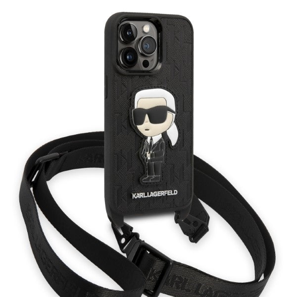 Hülle für Apple iPhone 14 Pro, Karl Lagerfeld, Monogram Ikonik Karl, Schwarz
