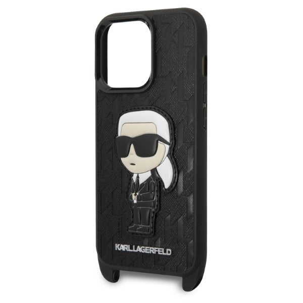Hülle für Apple iPhone 14 Pro, Karl Lagerfeld, Monogram Ikonik Karl, Schwarz